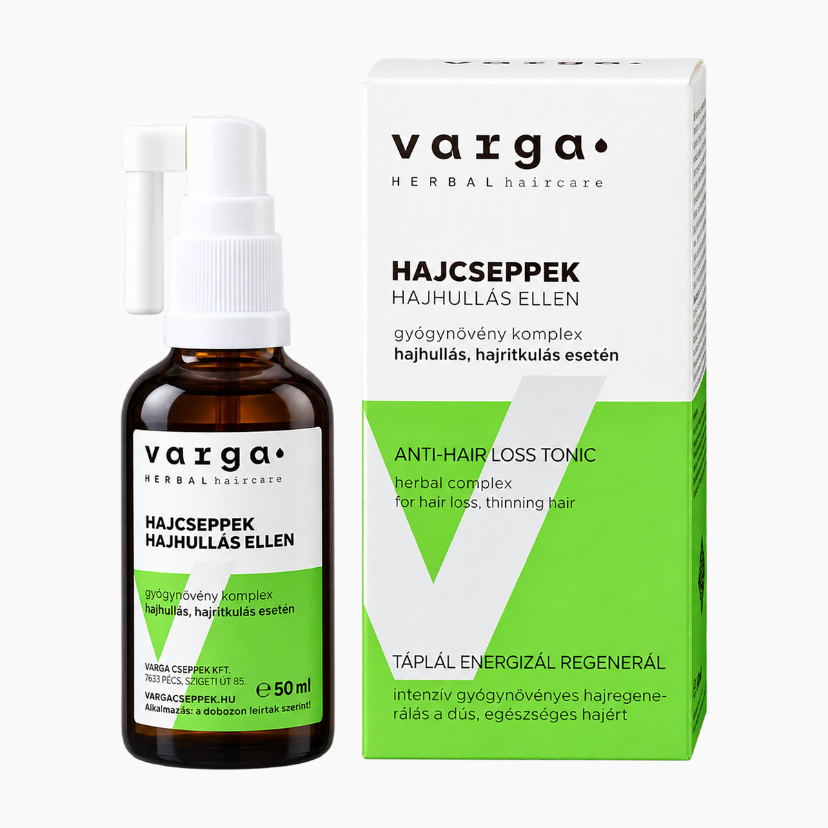 Varga Herbal Haircare Anti-Hair Loss Tonic bottle and packaging box on a light gray background. The amber glass bottle has a white spray cap and a green-and-white label, next to its white and bright green box.