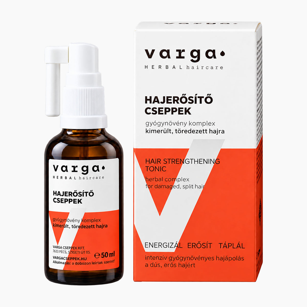 Varga Herbal Haircare Hair Strengthening Tonic in an amber glass bottle with a white spray cap, shown next to its white and orange packaging box.
