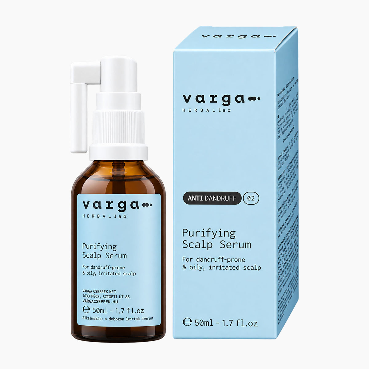 Varga Herbal Lab Anti-Dandruff Purifying Scalp Serum 50ml bottle next to its light blue packaging box, displayed on a clean white background.