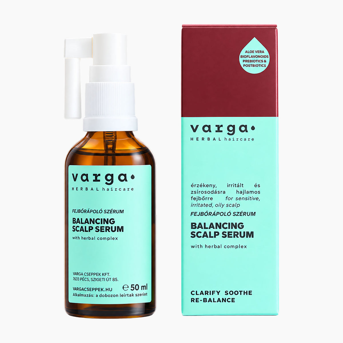 Varga Herbal Haircare Balancing Scalp Serum in an amber glass bottle with a white spray cap, shown next to its mint green and burgundy packaging box on a white background.
