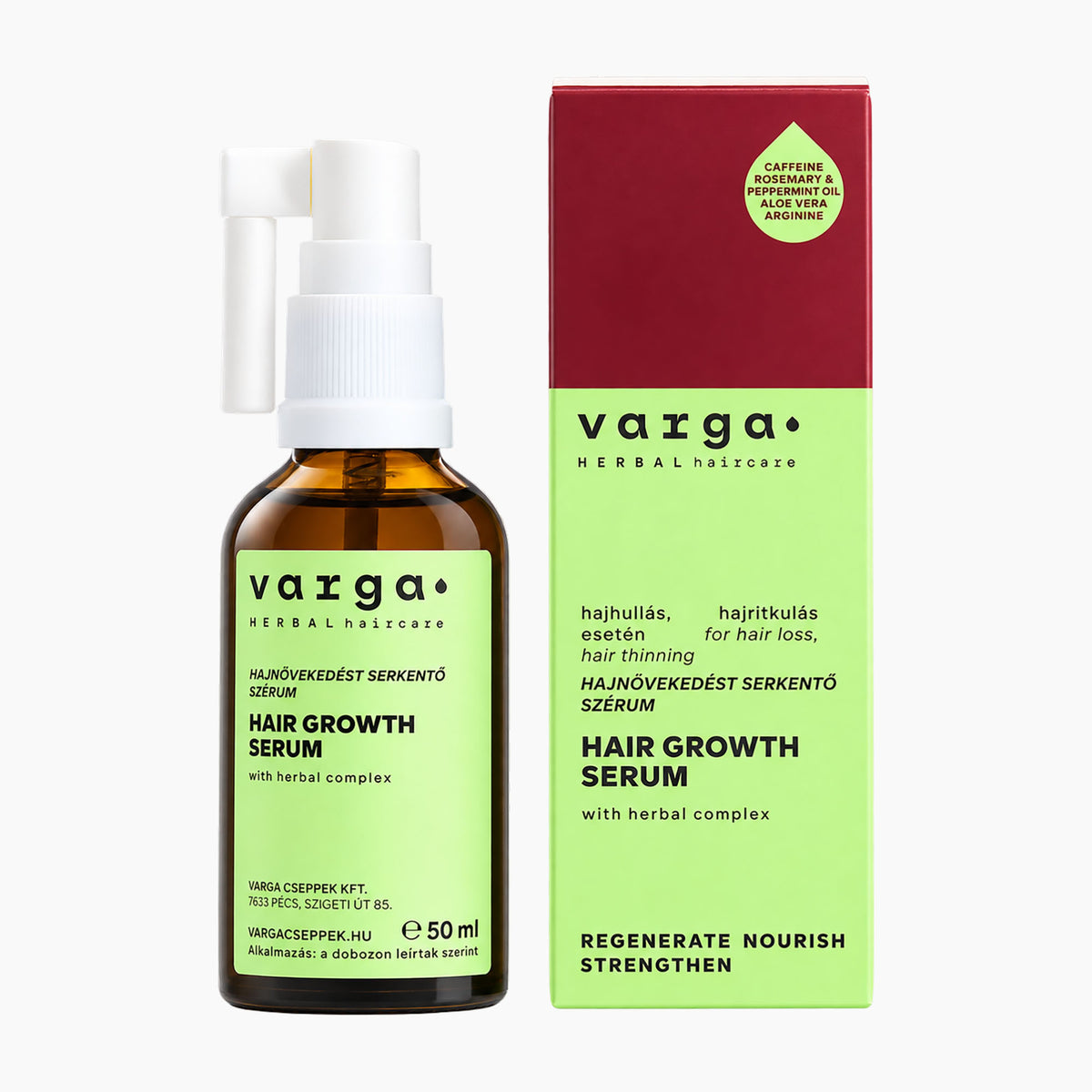 Varga Herbal Haircare Hair Growth Serum in an amber glass bottle with a white spray cap, shown next to its red and lime green product box on a white background.