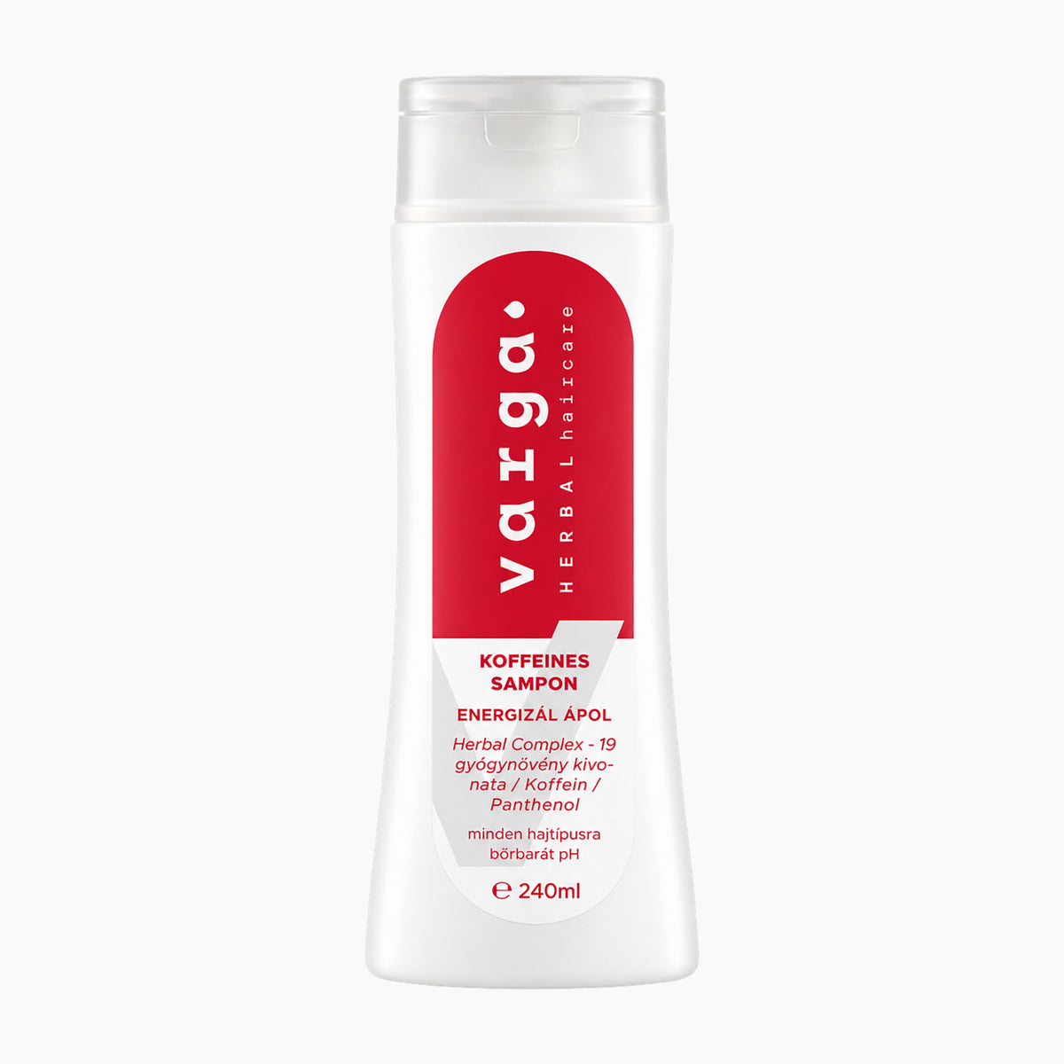 A 240ml white plastic bottle of Varga Herbal Haircare Caffeine Shampoo with a prominent red label, shown on a clean white background.
