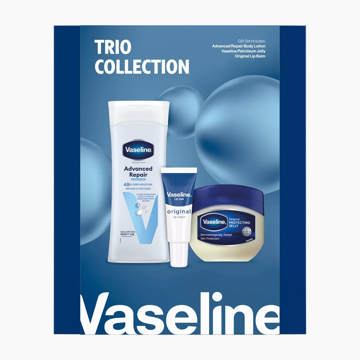 Vaseline Trio Collection Gift Set packaging on a light gray background.
