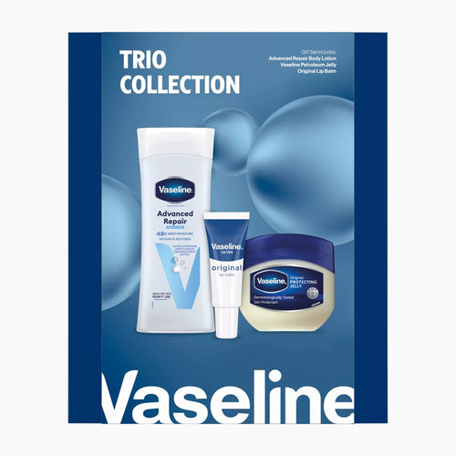 Vaseline Trio Collection Gift Set packaging on a light gray background.