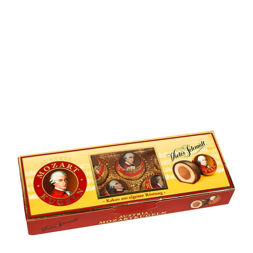 Victor Schmidt Mozart Kugeln pralines gift box with portrait design on a white background