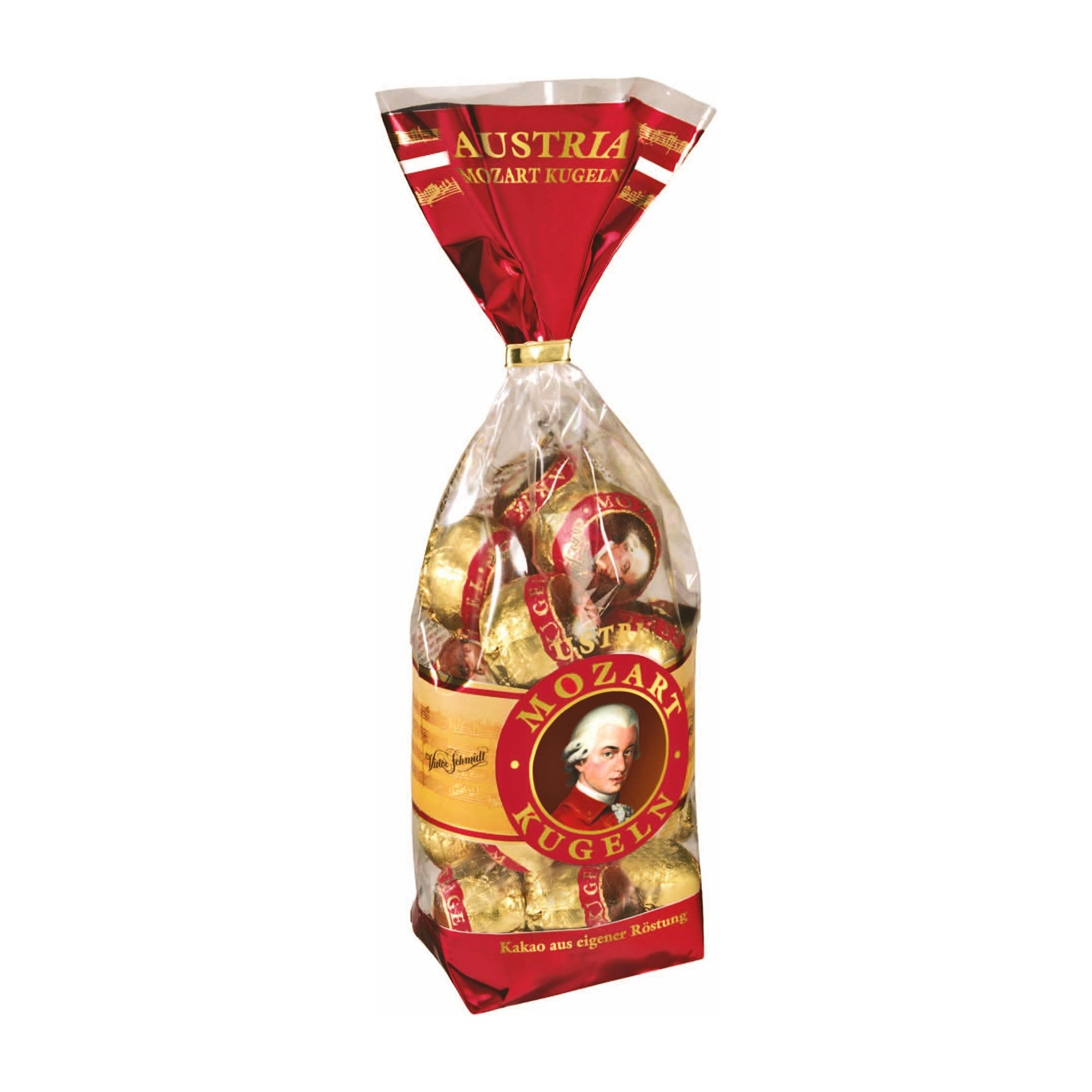 Packaging of Victor Schmidt Mozart Kugeln pralines, showing the product name and weight, with an image of a chocolate praline and the Mozart logo.