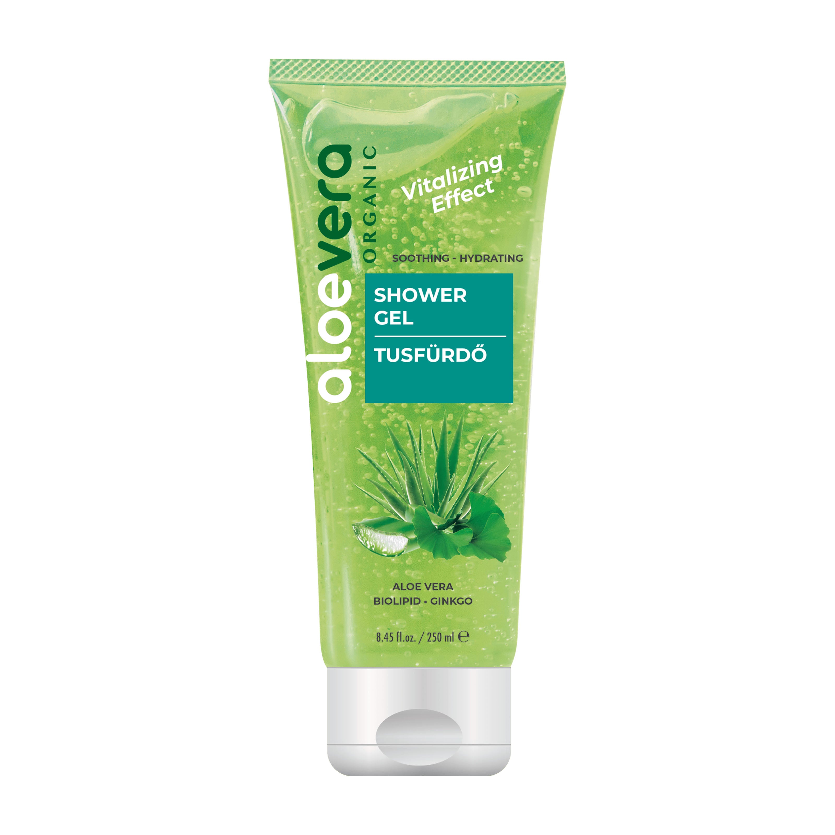 Tube of aloevera ORGANIC Vitalizing Effect shower gel on a white background