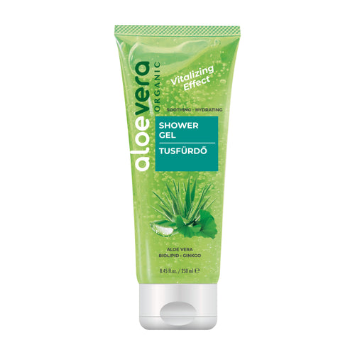 Tube of aloevera ORGANIC Vitalizing Effect shower gel on a white background