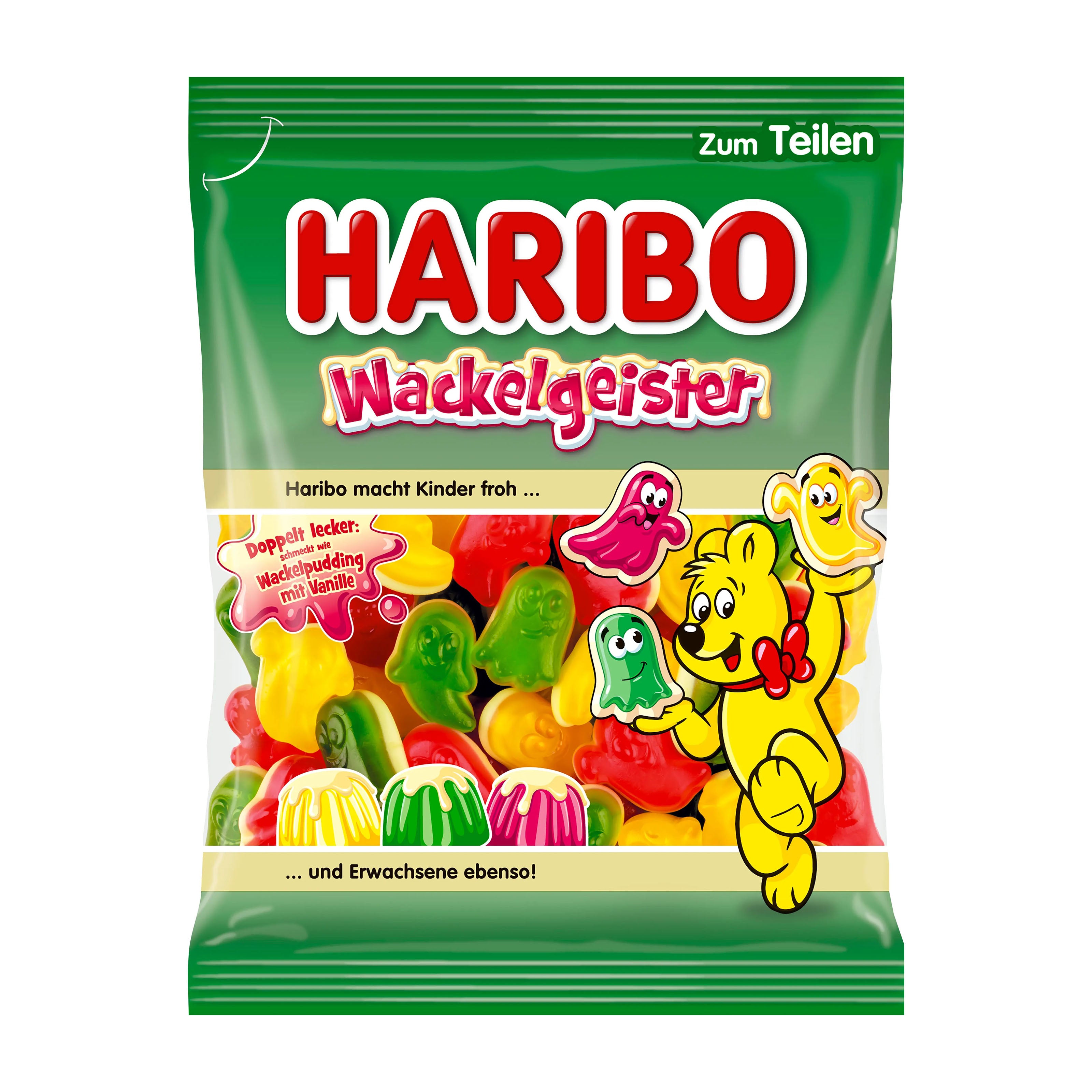 Haribo Wackelgeister Wiggly Wobbly Ghosts gummy candy packaging with cartoon characters on a green background