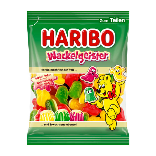 Haribo Wackelgeister Wiggly Wobbly Ghosts gummy candy packaging with cartoon characters on a green background