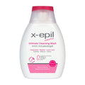 A bottle of X-Epil Intimo Silky Creamy intimate cleansing wash with chamomile and mallow extracts.