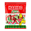 A package of Haribo Watermelon candy, with a prominent red background and an illustration of a bear with a watermelon slice.