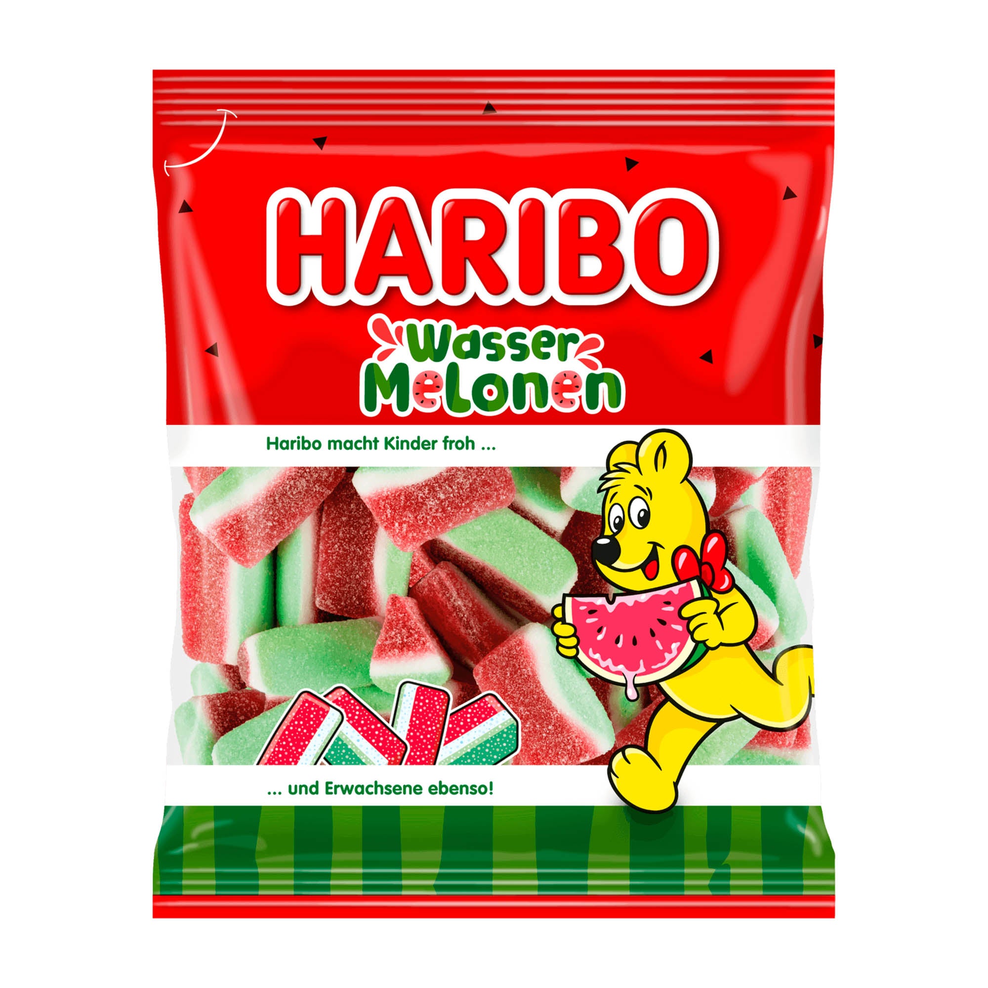 A package of Haribo Watermelon candy, with a prominent red background and an illustration of a bear with a watermelon slice.