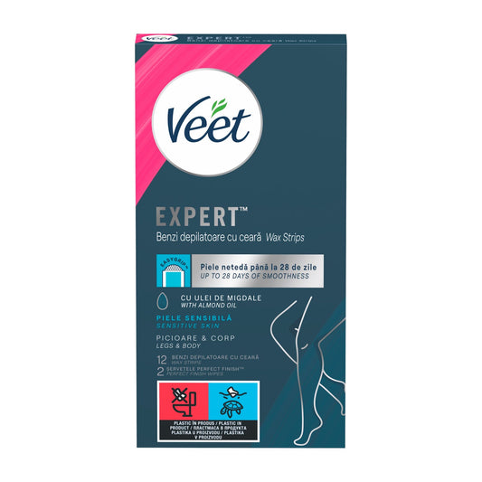 Veet Expert Legs & Body wax strips for sensitive skin, 12 Count