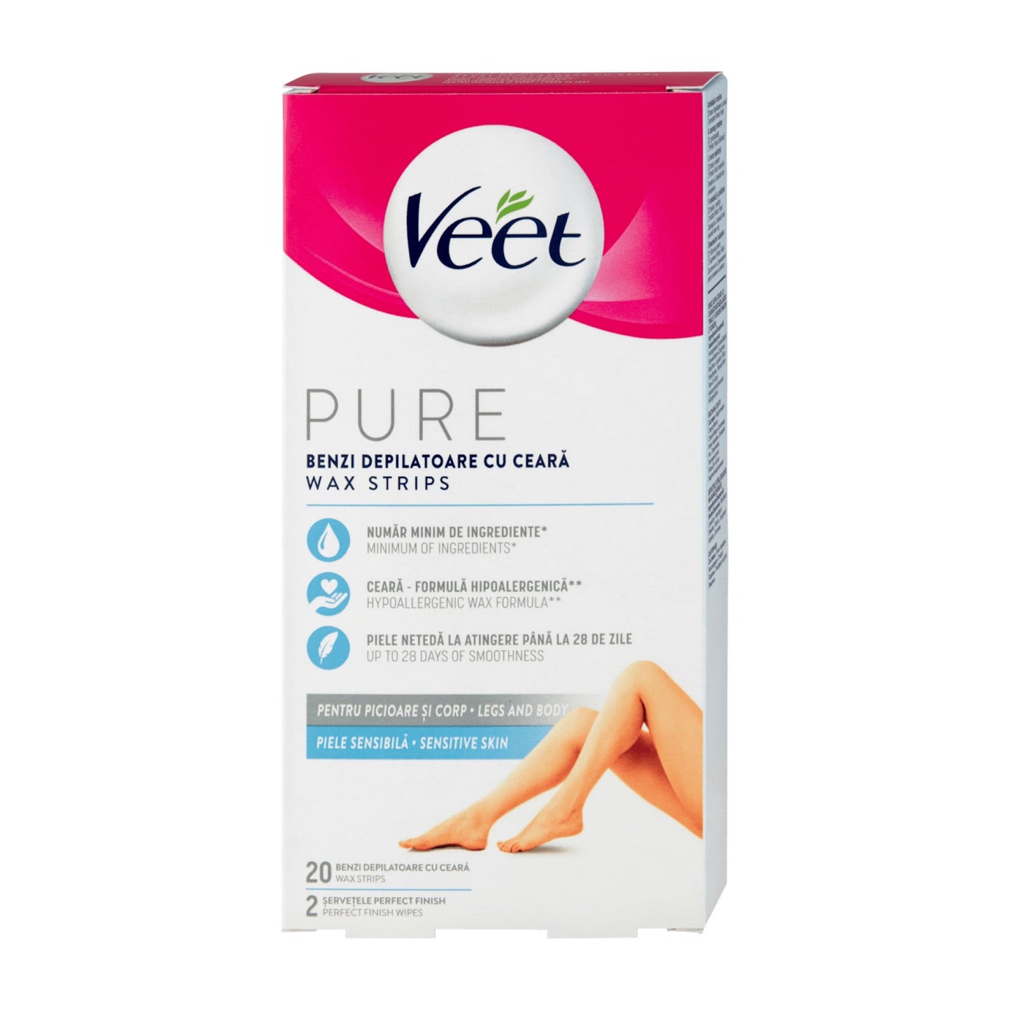 Veet Pure Legs & Body wax strips for sensitive skin, 20 Count