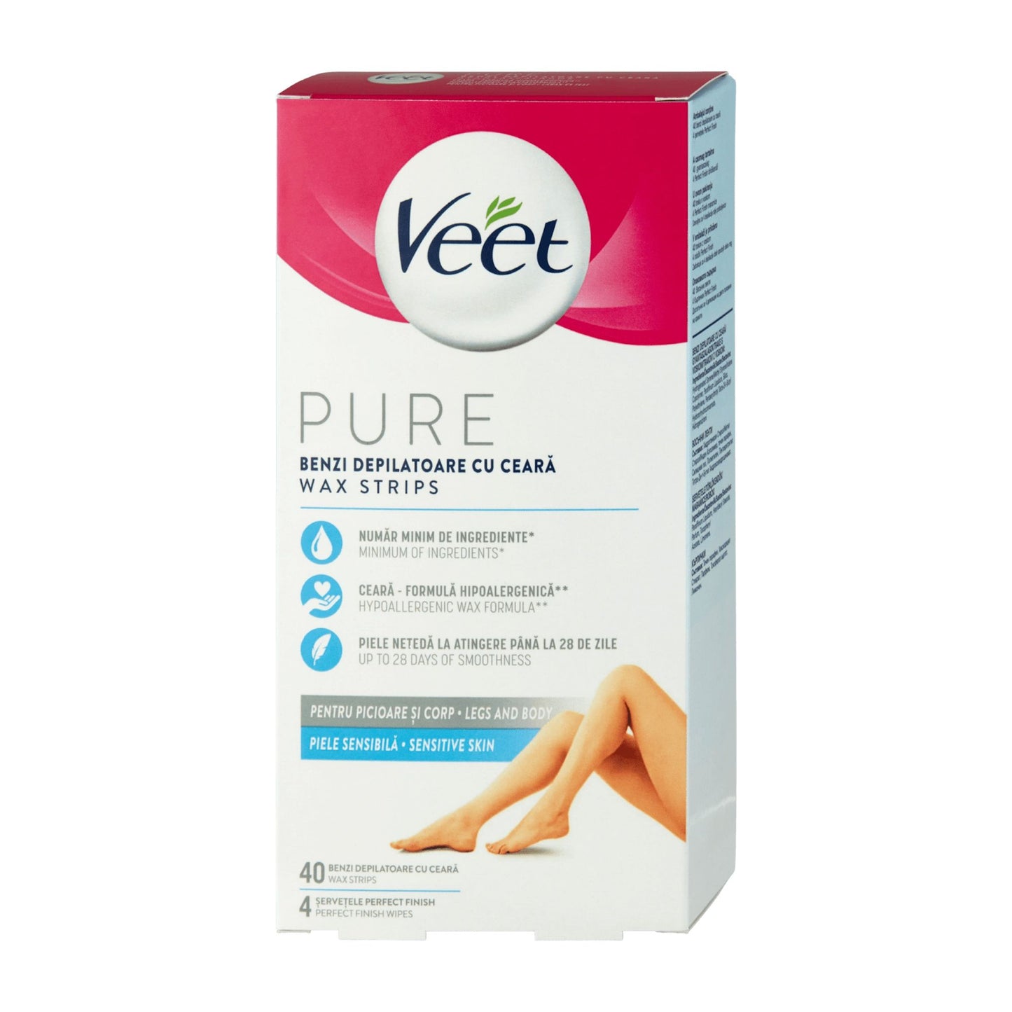 Veet Pure Legs & Body wax strips for sensitive skin, 40 Count