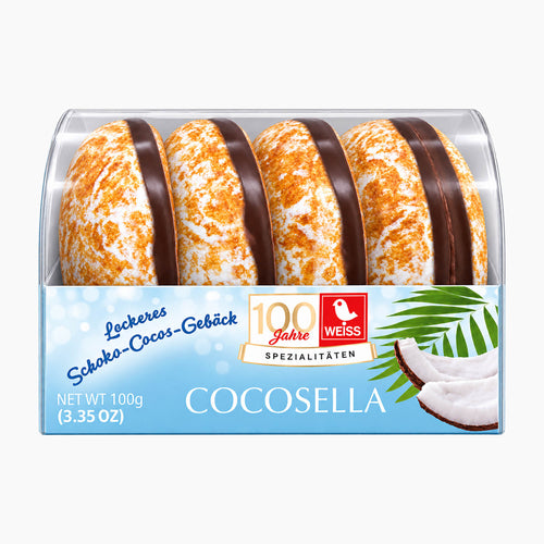 Pack of Weiss Cocosella chocolate-covered coconut flavored gingerbread cookies in a clear plastic display box with a blue and white branded label.