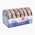 A packaged set of six glazed lebkuchen gingerbread cookies in a clear plastic display box with a blue and white label. The label reads 'CONTRELLA' and includes a 100 Jahre Weiss logo, shown on a plain white background.