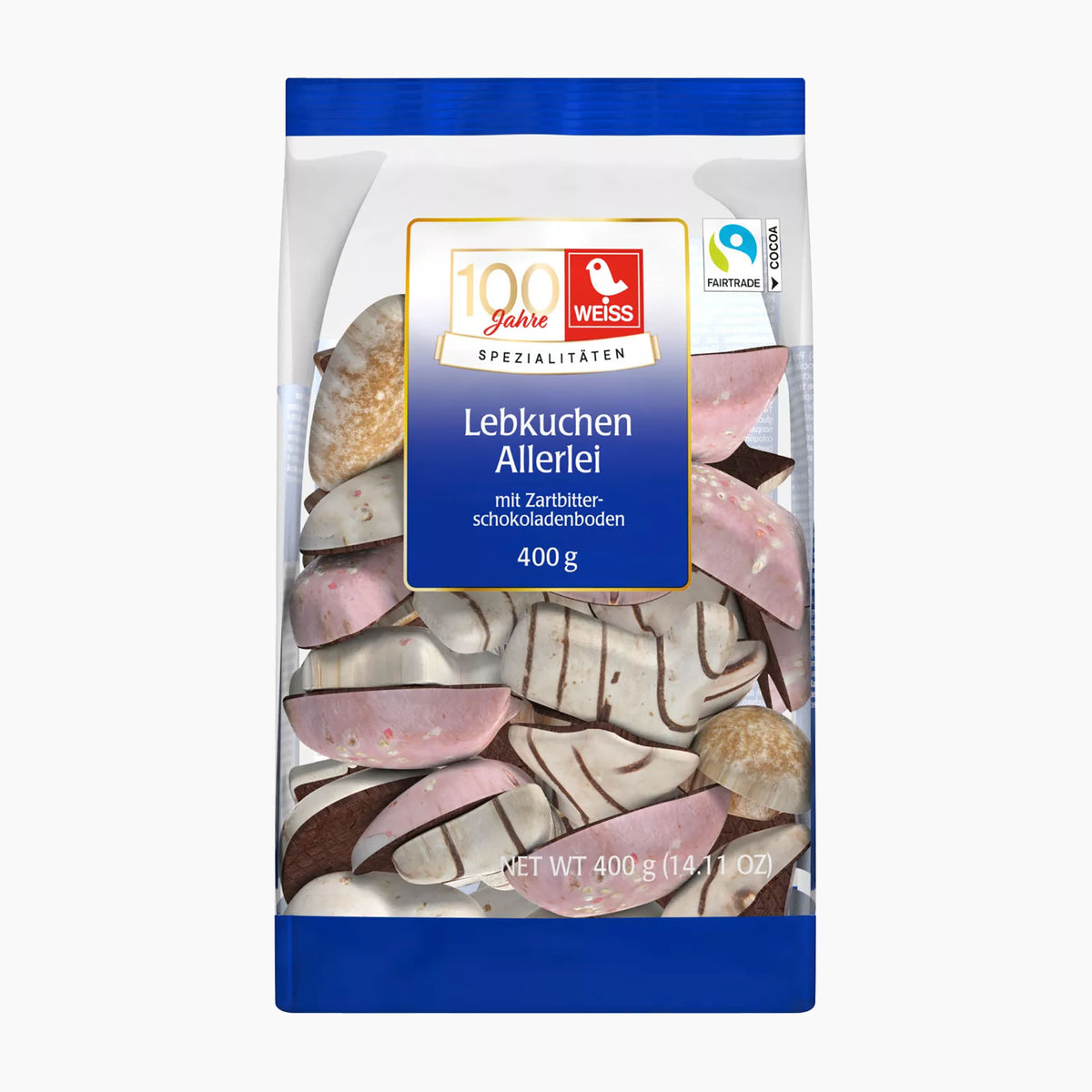 A 400g bag of Weiss 100 Jahre Lebkuchen Allerlei traditional German gingerbread assortment, featuring a white and blue stand-up pouch with a clear window showing the assorted gingerbreads inside.