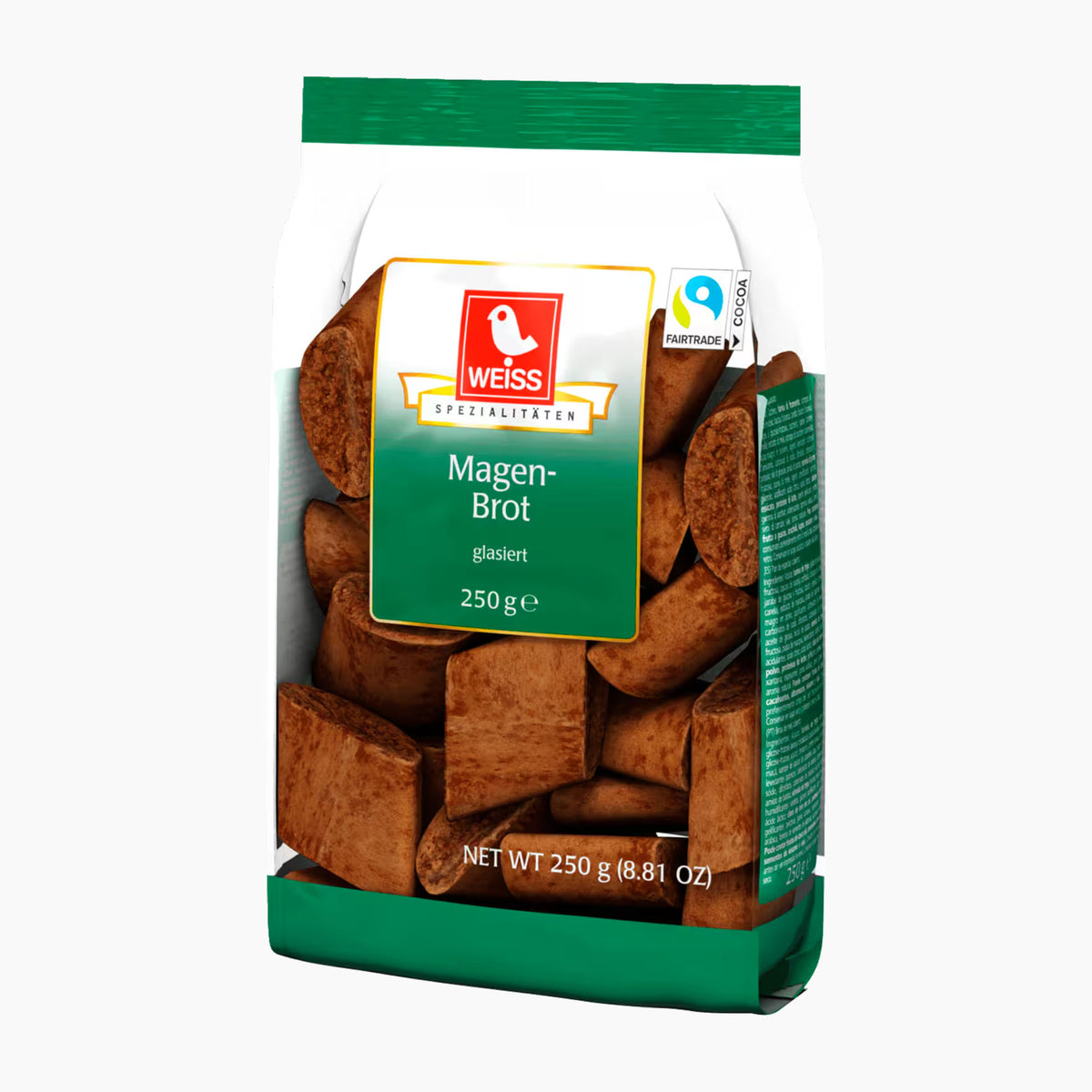 A 250 g bag of Weiss Magenbrot gingerbread cookies, shown on a clean white background. The packaging is white and green with a clear window displaying the brown, rectangular gingerbread cookies inside.