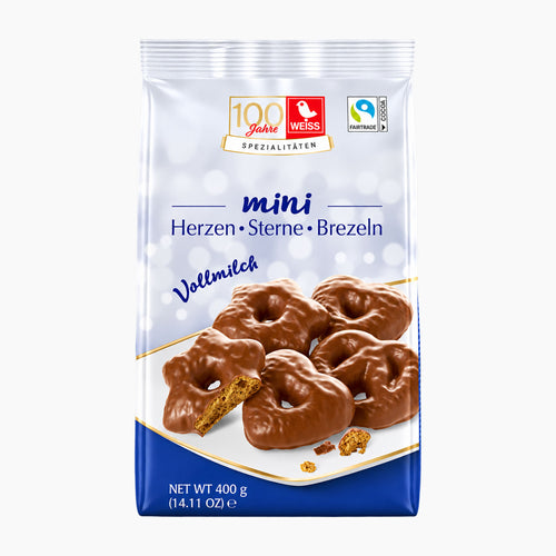 A 400g bag of Weiss Mini Hearts, Stars & Pretzels chocolate-covered mini gingerbread cookies, featuring a white and blue packaging design with a photo of the cookies on the front.