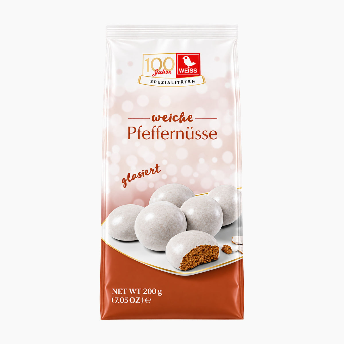 A 200g package of Weiss 100 Jahre Weiche Pfeffernüssse Soft Gingerbread cookies, shown on a clean white background. The packaging features a white and pink upper section with the brand logo, and a brown lower section displaying an illustration of the glazed gingerbread cookies on a plate.