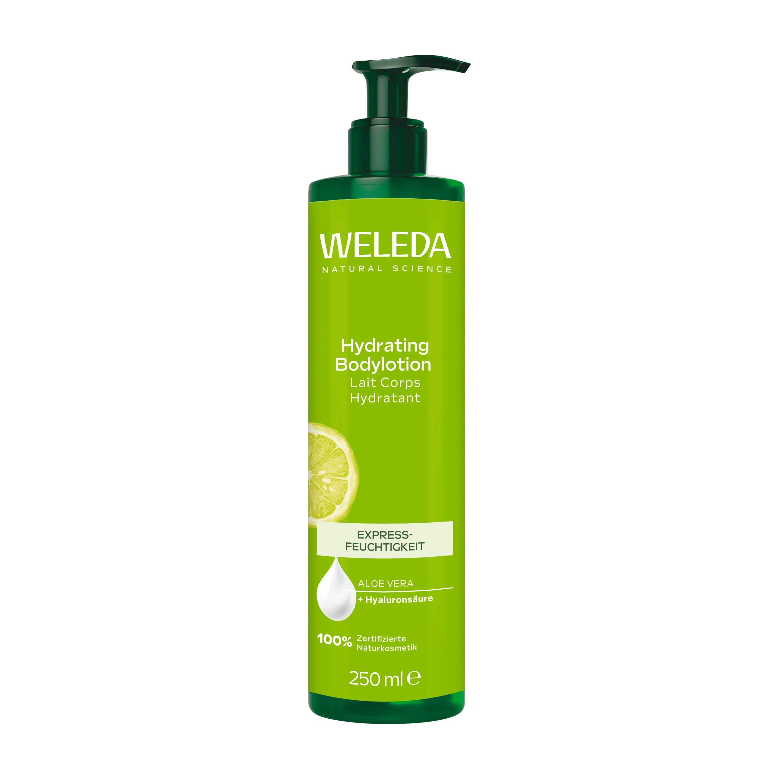 Pump bottle of Weleda Hydrating Body Lotion on a white background