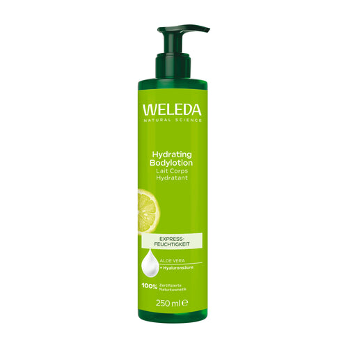 Pump bottle of Weleda Hydrating Body Lotion on a white background