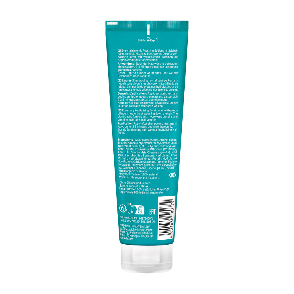 Back view of a Weleda rosemary revitalizing conditioner tube with text and symbols on a white background