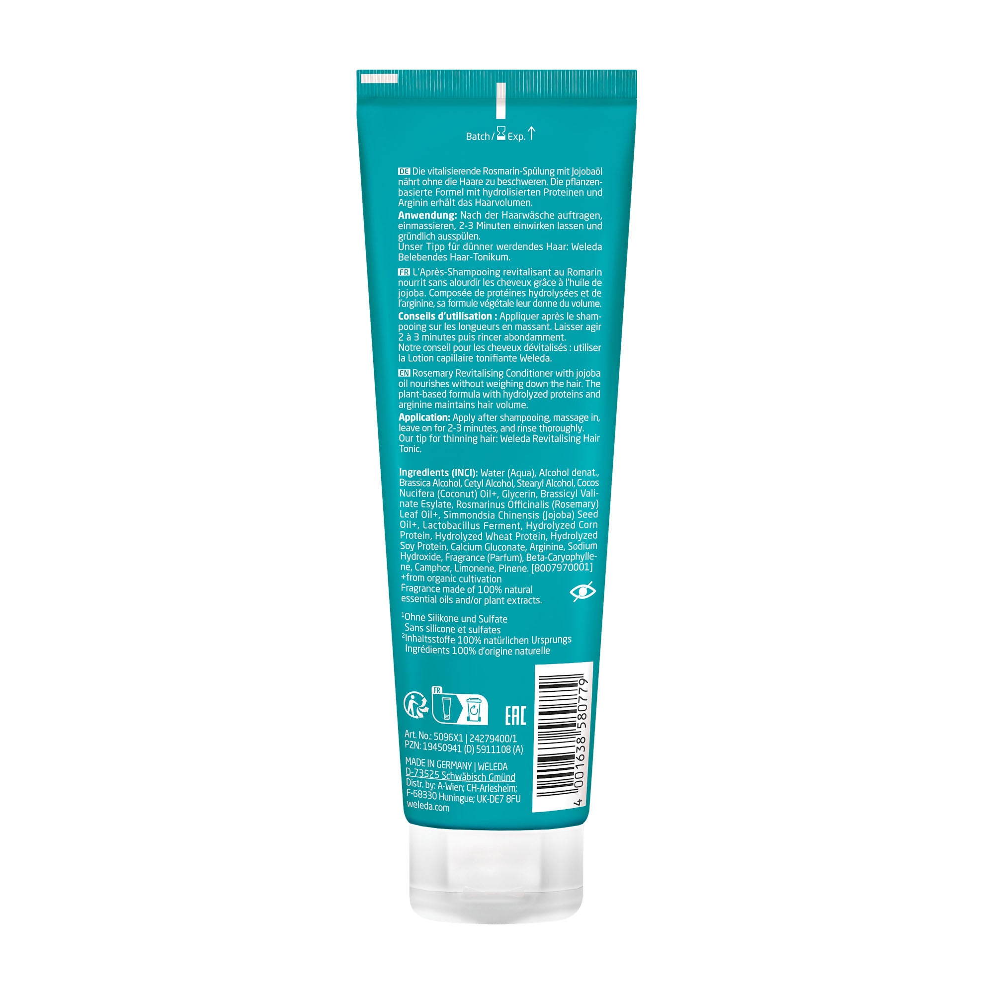 Back view of a Weleda rosemary revitalizing conditioner tube with text and symbols on a white background
