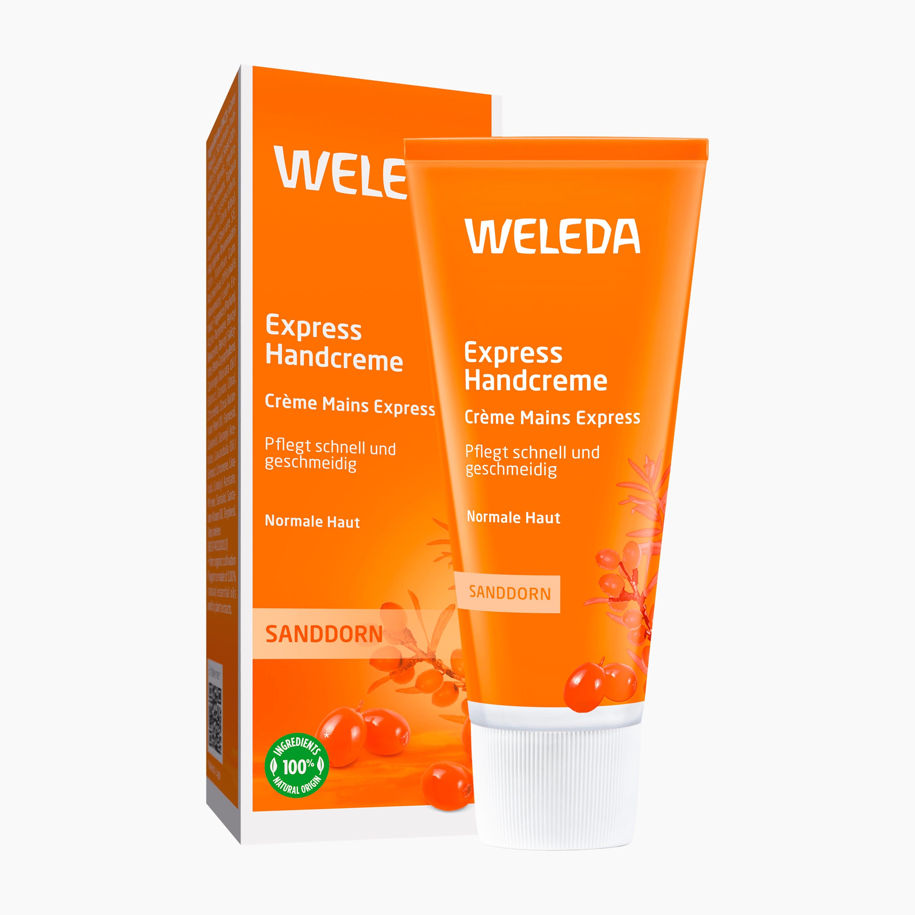 A squeeze tube and matching box of WELEDA Express Hand Cream with Sea Buckthorn, both in bright orange packaging with white text and sea buckthorn illustrations, set against a plain white background.