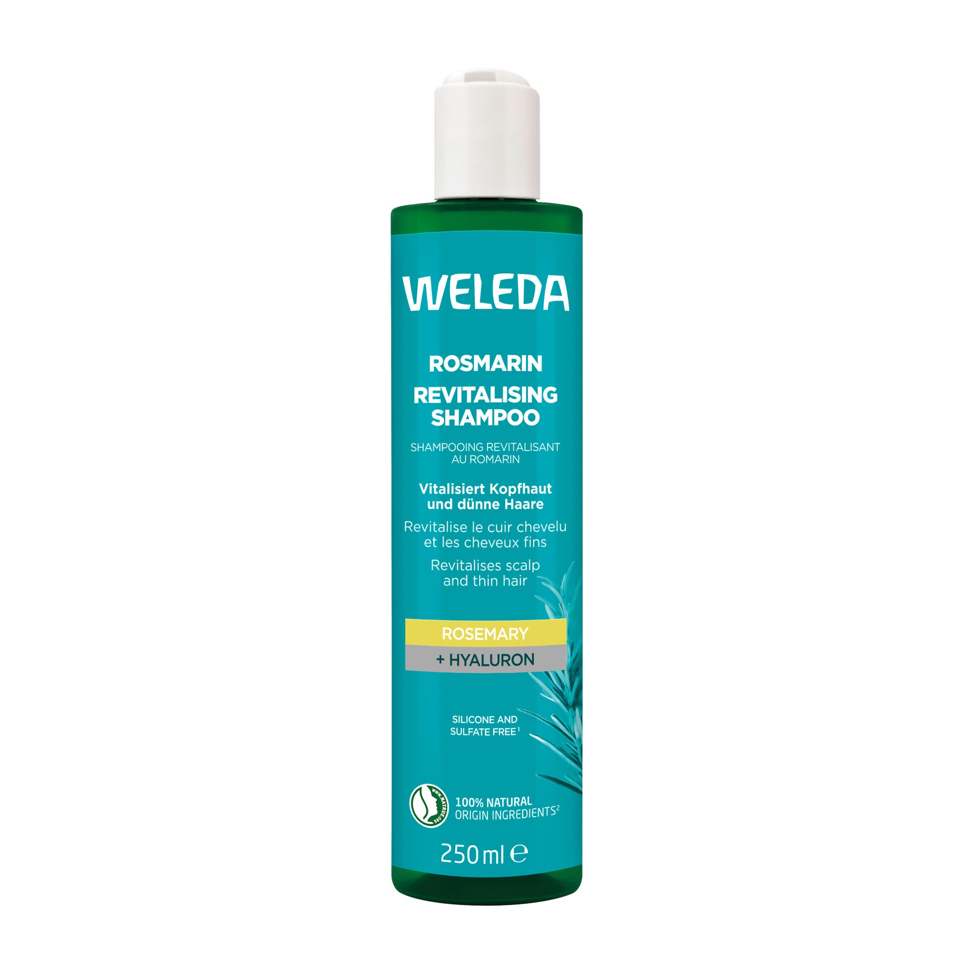 Weleda Rosemary Revitalizing Shampoo bottle on a white background