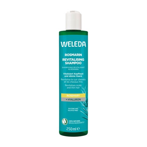 Weleda Rosemary Revitalizing Shampoo bottle on a white background