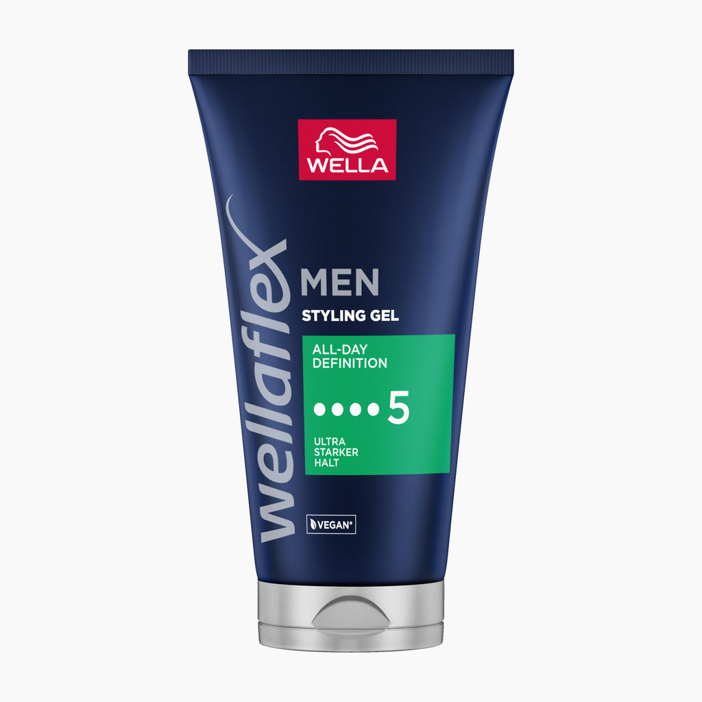 Wella wellaflex Men Styling Gel in a dark blue squeeze tube with a silver cap, featuring a red Wella logo and a green 'All-Day Definition' label.