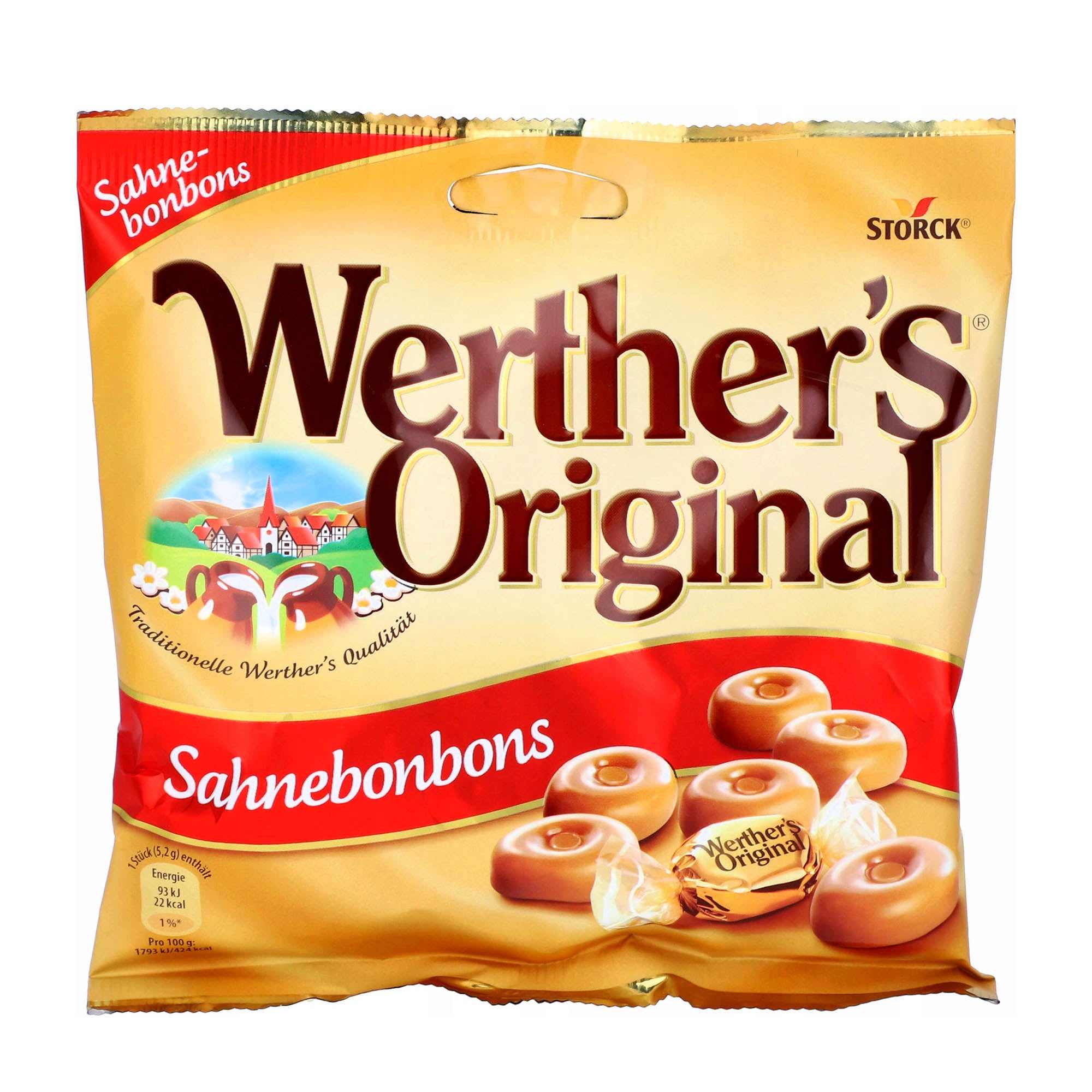 A pack of Werther's Original cream candies, 120 g, on white background.