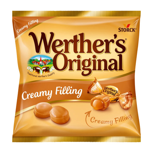 Werther's Original Creamy Filling hard candy package with creamy filling text on a white background