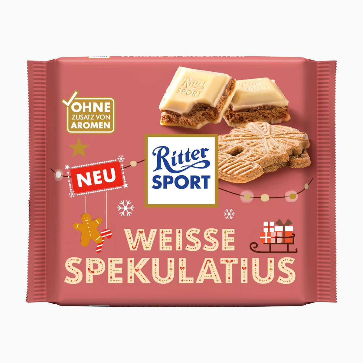Ritter Sport Weisse Spekulatius White Speculoos white chocolate bar packaging in pink, featuring illustrations of white chocolate and biscuit cookies, with Ritter Sport branding and German text.