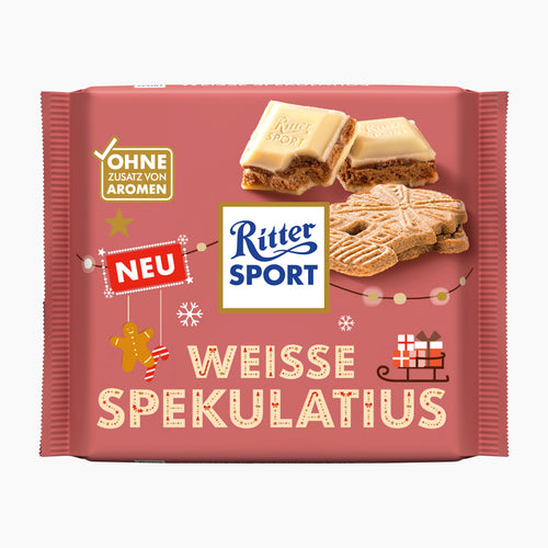 Ritter Sport Weisse Spekulatius White Speculoos white chocolate bar packaging in pink, featuring illustrations of white chocolate and biscuit cookies, with Ritter Sport branding and German text.