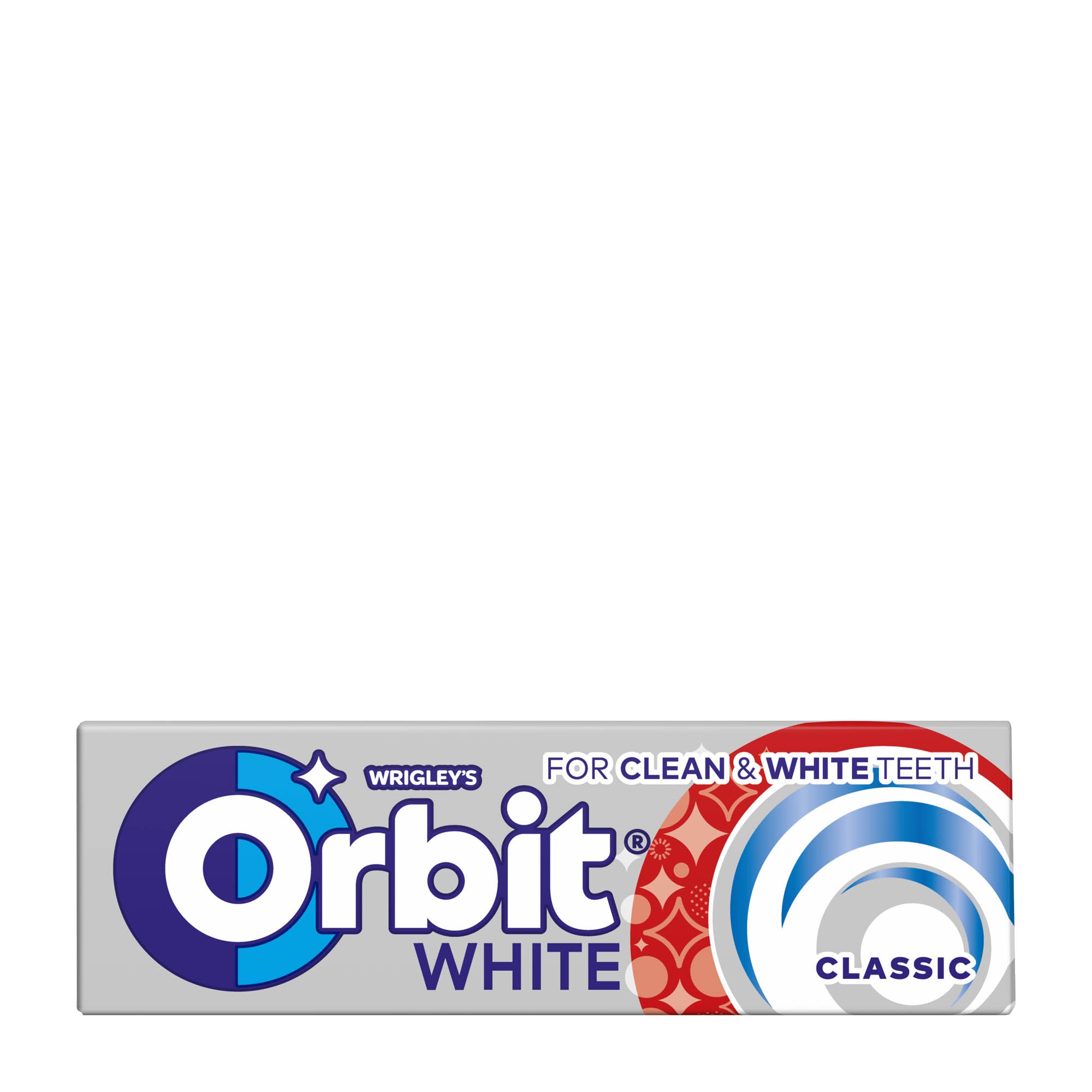 A pack of Orbit White Classic chewing gum, with packaging that includes the brand logo and the text 'FOR CLEAN & WHITE TEETH'. The pack is mint flavored, sugar-free, and contains sweetener.