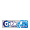 A pack of Orbit White Freshmint chewing gum, with packaging indicating it is sugar-free and has sweetener, in a blue and white color scheme.