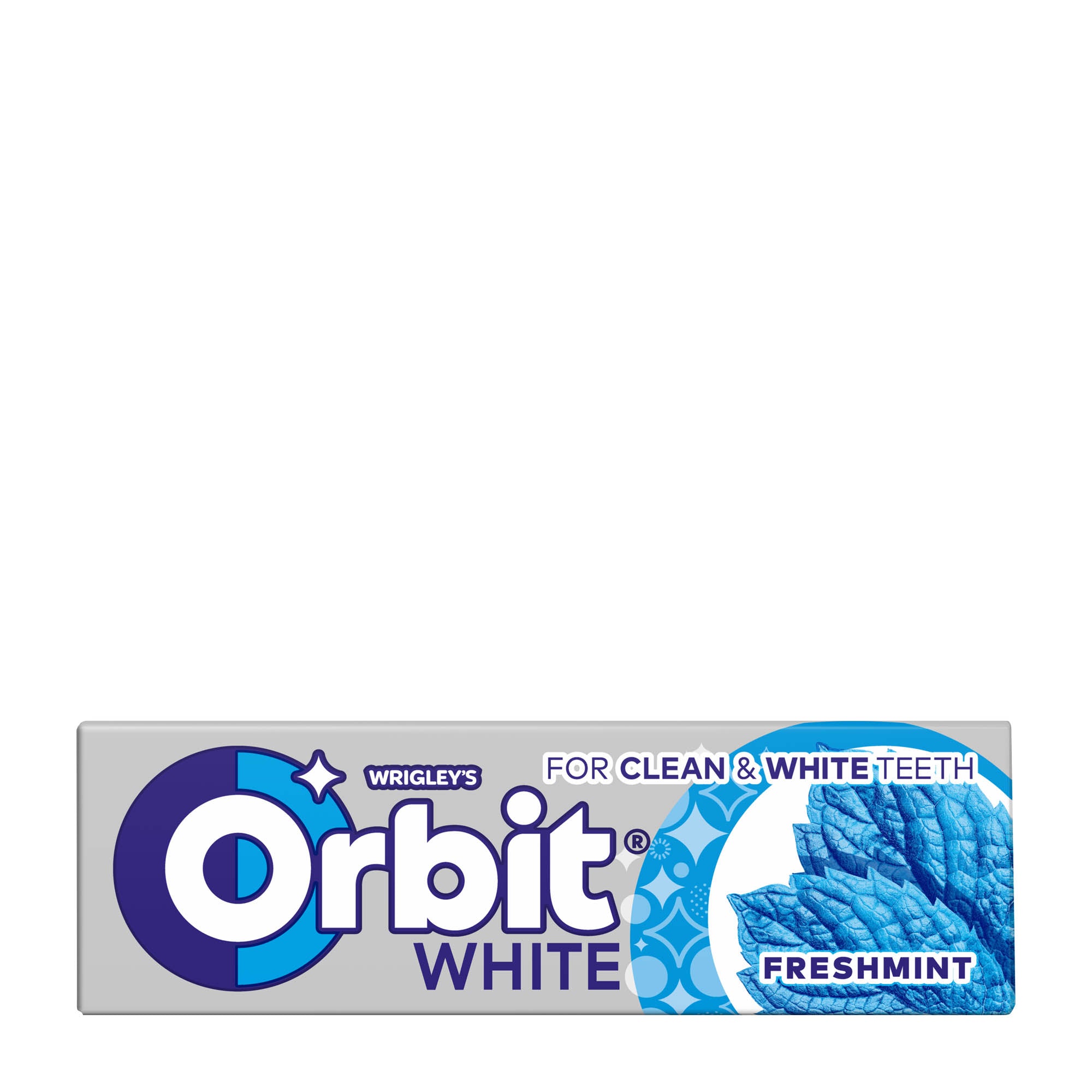 A pack of Orbit White Freshmint chewing gum, with packaging indicating it is sugar-free and has sweetener, in a blue and white color scheme.