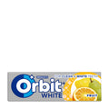 Packaging of Orbit White Fruit chewing gum, displaying the product name and count, with an image of a lemon, orange and a pear.