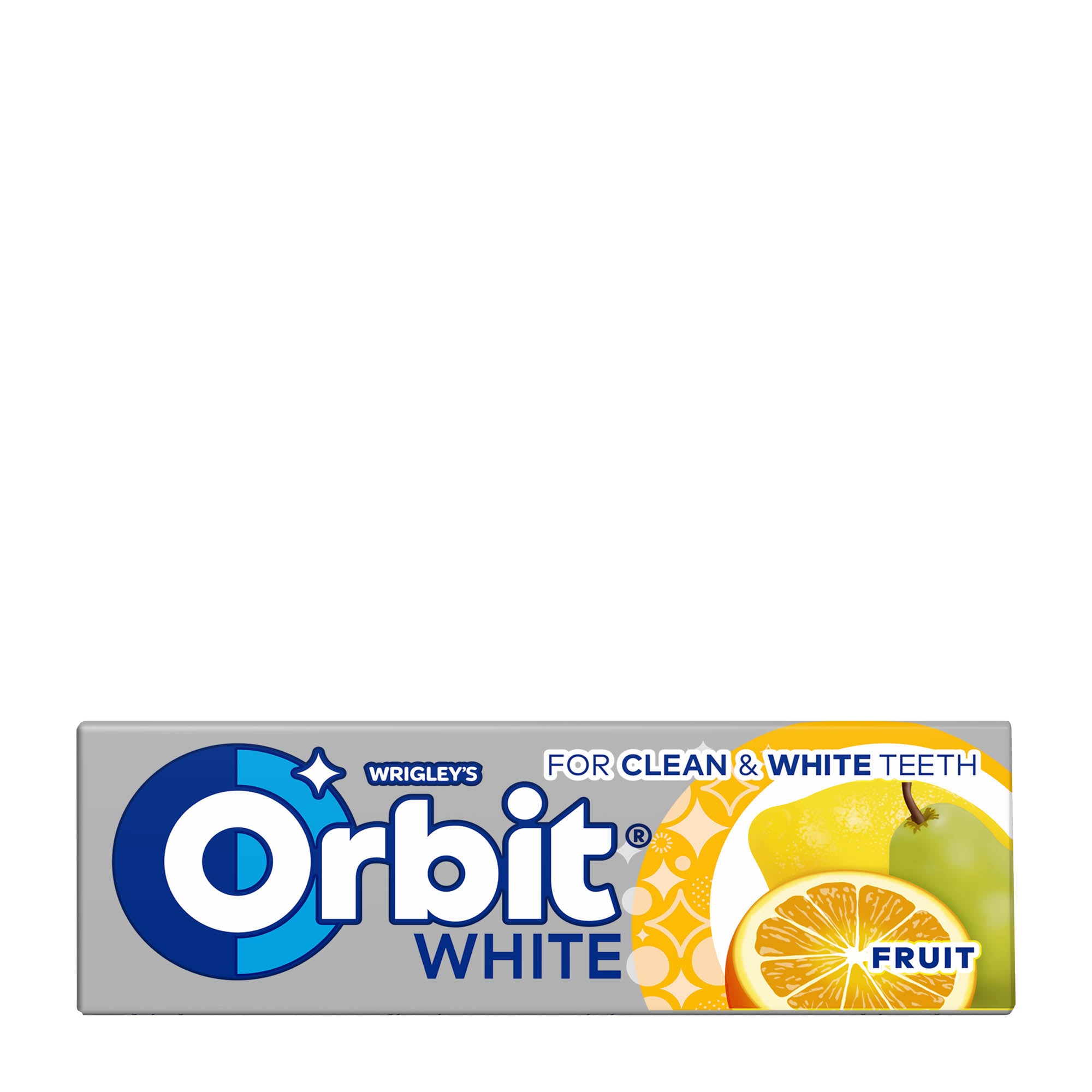 Packaging of Orbit White Fruit chewing gum, displaying the product name and count, with an image of a lemon, orange and a pear.