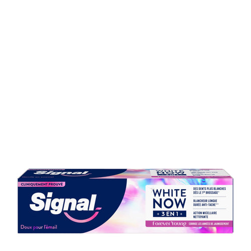 Signal White Now 3in1 Forever Young toothpaste packaging on a white background