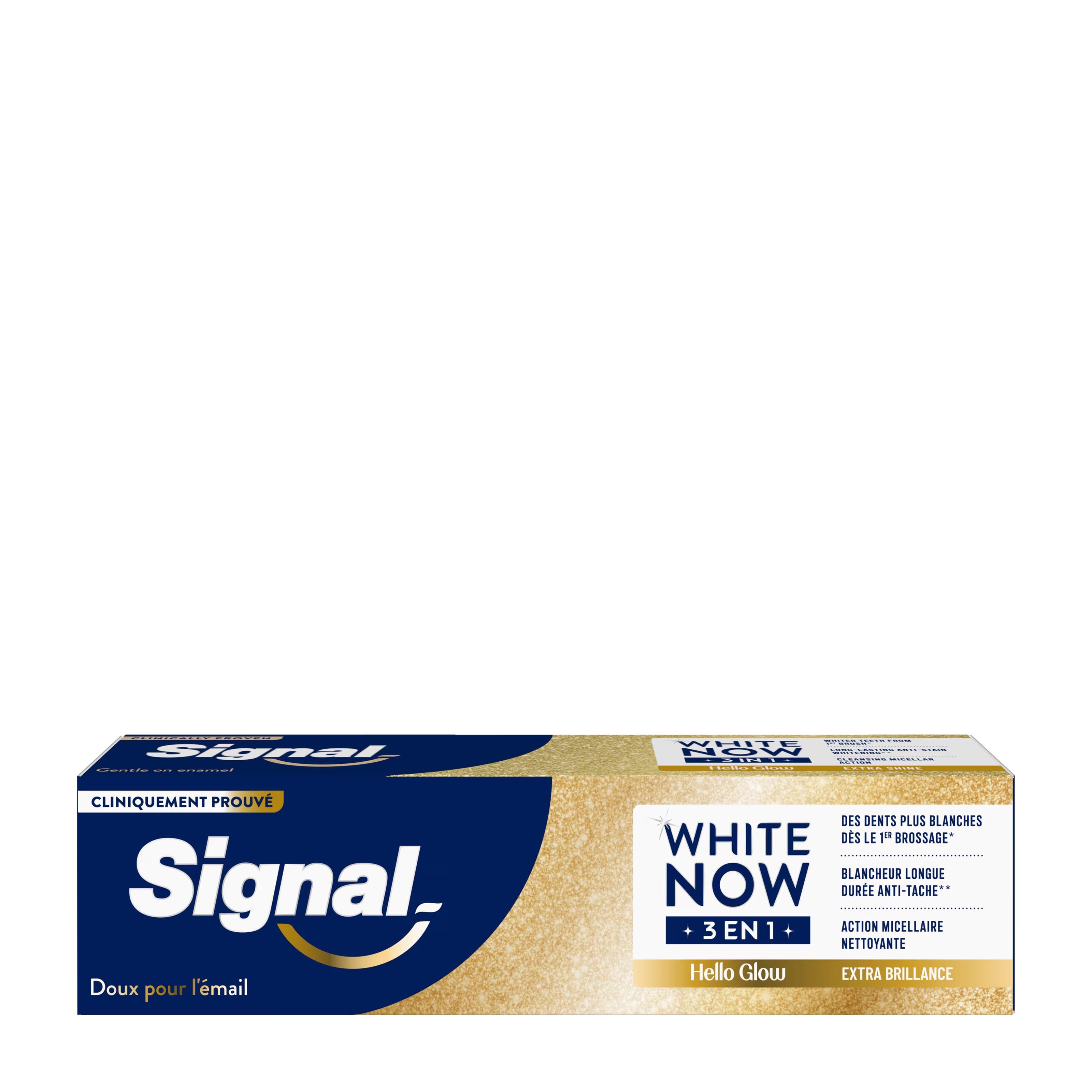 Signal White Now 3in1 Hello Glow toothpaste packaging on a white background