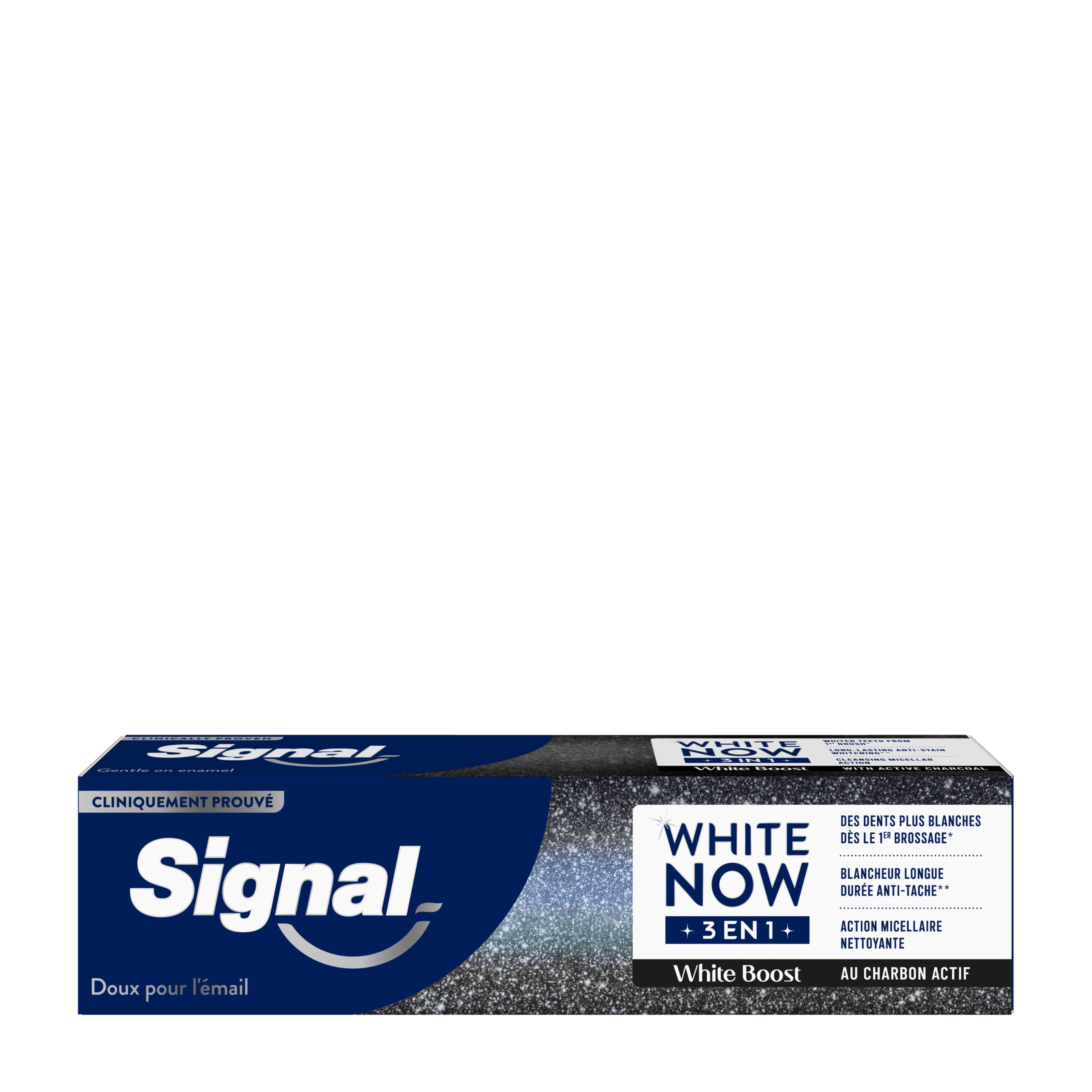 Signal White Now 3in1 White Boost toothpaste packaging on a white background