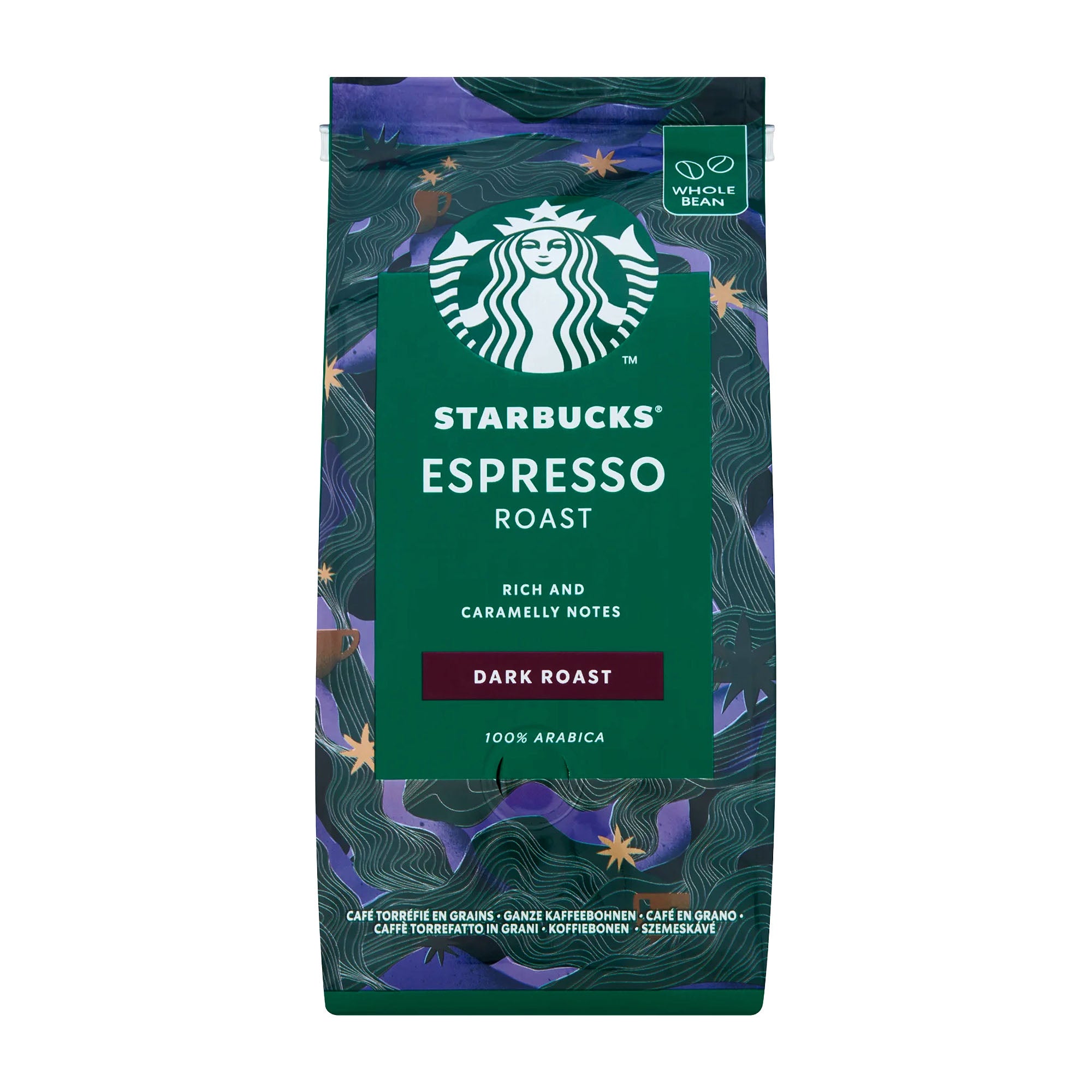 Starbucks Espresso Roast coffee bag on a white background
