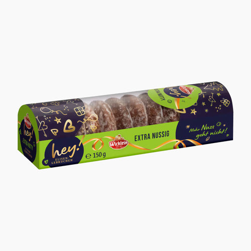 A 150g package of Wicklein hey! Extra Nutty Mini Elisen Gingerbread cookies, shown in its dark navy and lime green cardboard packaging with gold festive illustrations.