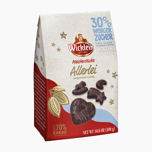 Wicklein Mesterstucke Allerlei Masterpieces Assorted dark chocolate 30% less sugar gingerbread cookies packaging on a light gray background.