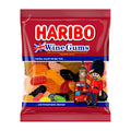 A package of Haribo Wine Gums featuring an illustration of a British guard and iconic London symbols such as the Big Ben and phone booth. The candy bag displays the Haribo logo and the assortment of fruit gummy candies inside.